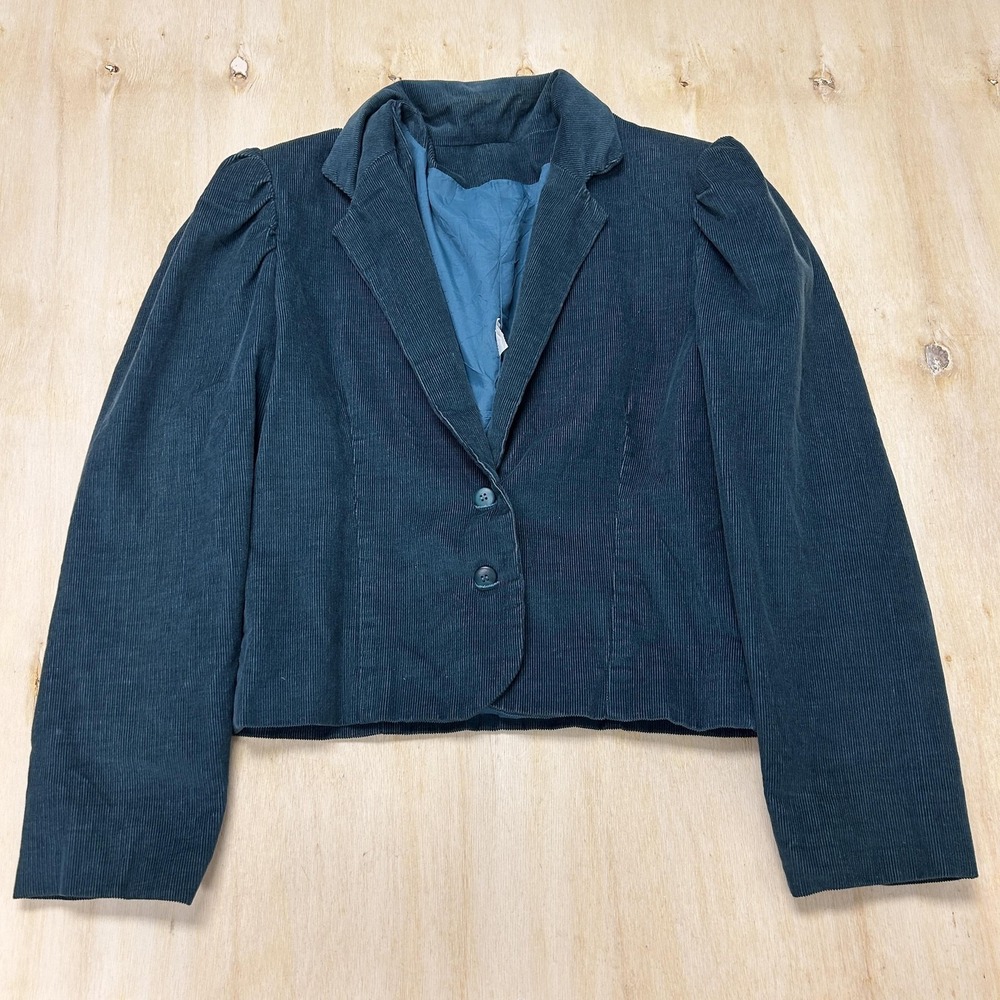 Vintage Corduroy Cropped Blazer Jacket Womens Small Blue Lined Puff Shoulder